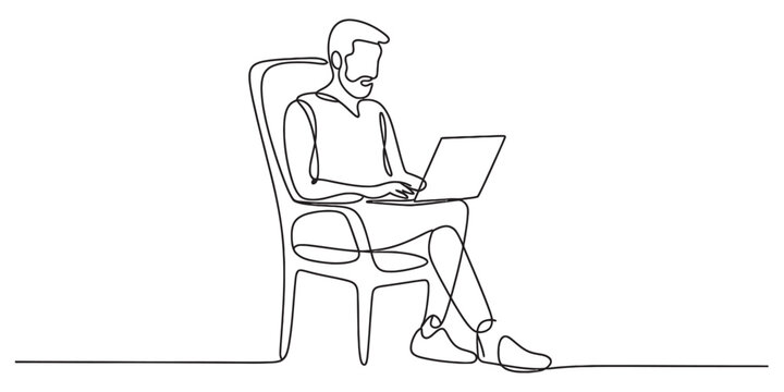 Continuous line drawing of a bearded man working on a laptop while comfortably seated on a chair, showcasing remote work, digital lifestyle, and minimalist design concept Vector