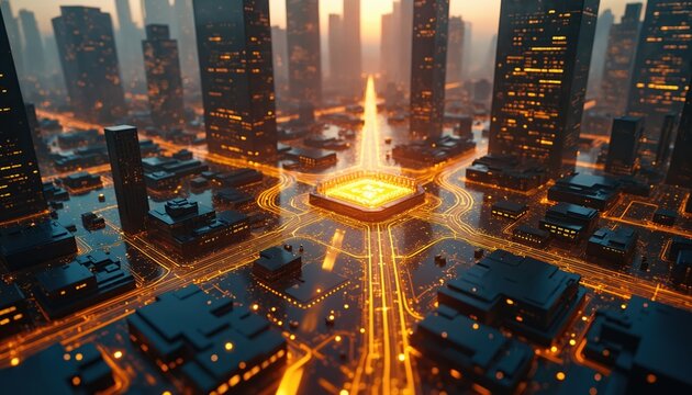 Digital city scape glows with gold lights. Electronic board shows network communication. Modern tech architecture concept. AI management platform drives wealth, business future, investor service,