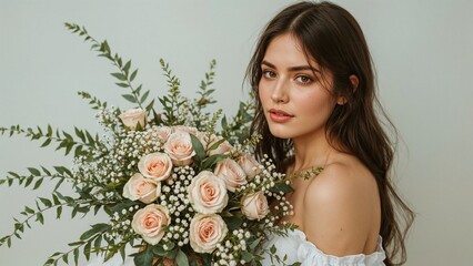 Young woman with long brown hair holding a large bouquet of pink roses and white baby's breath, posing against a plain background.
