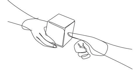 Continuous line art of two hands exchanging a geometric cube, symbolizing transaction, partnership, giving, receiving, digital data, and future tech. Vector