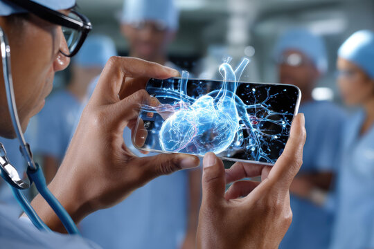 Surgeon using augmented reality on smartphone during a medical procedure in an operating room