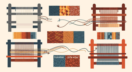 Traditional Weaving Looms and Textile Patterns Set.