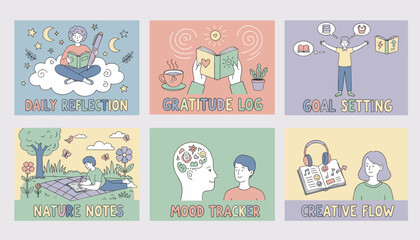 Pastel doodle set of selfcare and journaling habits goal setting gratitude reflection mood tracking and creative flow