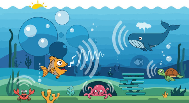 Underwater communication of marine animals with sound waves.
