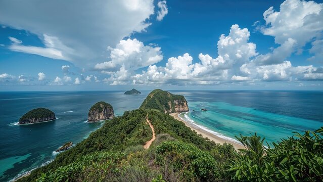 Island landscape with a clear blue sky and clouds, featuring lush green hills and turquoise waters. Coastal scenery with sandy beaches and rocky islets.