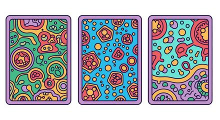 Vibrant Abstract Microscopic Organism Patterns on Three Cards.