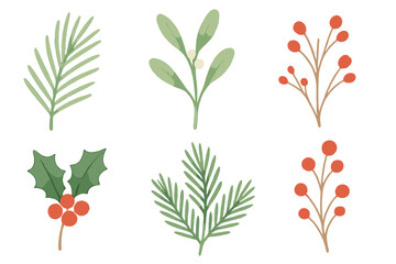 Floral flat icons set. featuring pine, mistletoe, holly, and berry branch symbols