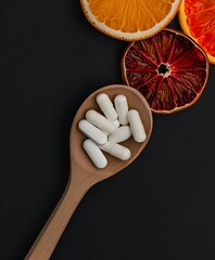 Wooden spoon holding white medical capsules surrounded by dried citrus fruit slices on a black background symbolizing daily vitamin supplements and healthcare.