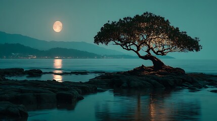 Calm water reflection of sunset tree high resolution picture