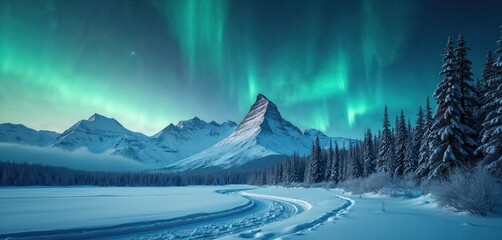 Green northern lights glow brightly over snowy mountains, frozen lake. Winter forest of snow covered pine trees stands under beautiful polar sky. Tire tracks wind through fresh snow. Cold night scene