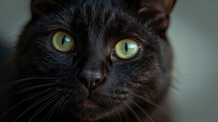 Close-up of a black cat with striking green eyes. Pets and animals, feline. Focus on eyes and facial features of the cat.