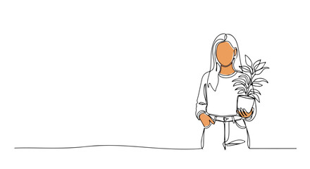 Minimalist one continuous line drawing depicting a woman holding a potted plant, showcasing simplicity, growth, and a serene connection to nature's beauty