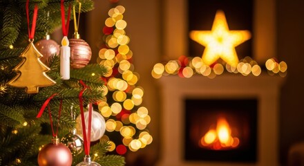 Cozy Christmas Tree Decorations by the Fireplace with Warm Bokeh Holiday Lights