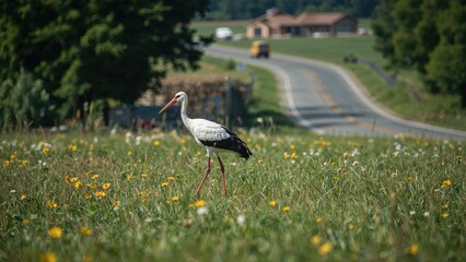 Fototapeta premium A stork walking through a grassy field with yellow flowers, with a road and houses in the background.