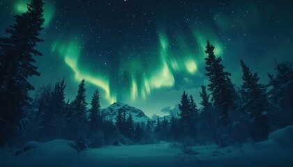 Fototapeta premium Vibrant green celestial lights illuminate a snowy wilderness landscape under a starry night sky