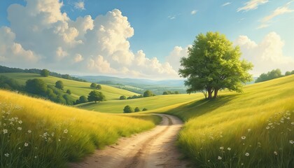 Obraz premium Sunny meadow with rolling green hills and a dirt path. A single large tree stands beside the trail. Blue sky with fluffy white clouds above. Nature scene.