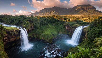 Waterfalls and lush greenery along a river with mountains in the background under a partly cloudy sky.
