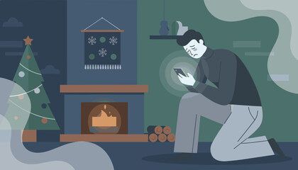 Sad man scrolls phone near fireplace and Christmas tree Holiday isolation and digital loneliness