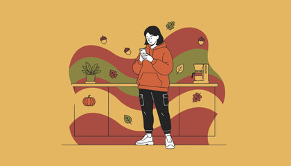 Woman using smartphone in cozy autumn kitchen with pumpkin and fall leaves decor