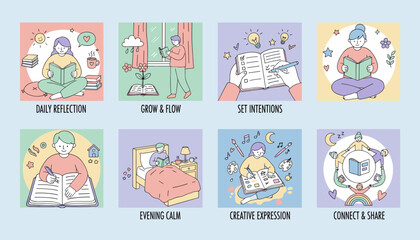 Selfcare routines reading journaling and creativity illustrations for mental wellness and personal growth