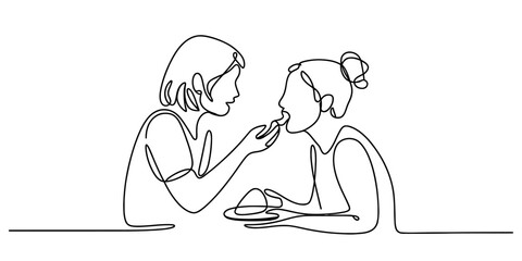 Continuous one line drawing art of a person feeding another, portraying care, nourishment, and connection in a simple, minimalist style Vector