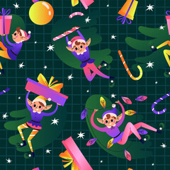 Christmas elves seamless pattern. Santa Claus helper. Cute character with gifts, garland and candy cane. Festive elves on green background. Vector illustration.