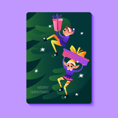 Christmas elves with spruce branches. Greeting card. Santa Claus helper. Cute characters with gifts. Festive elves. Vector illustration.