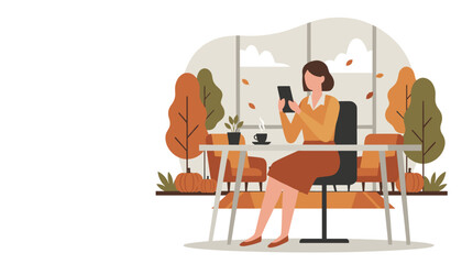 Woman using phone at autumn desk setup cozy remote work chatting or social media illustration