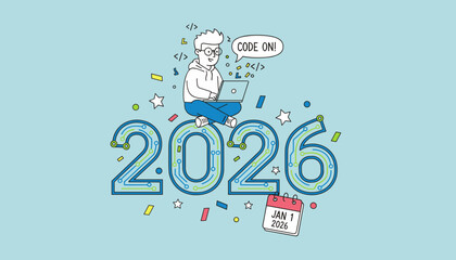 Happy New Year 2026 tech illustration Developer coding on circuit board numbers