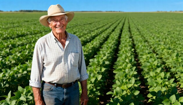 Happy senior farmer smiling in a green soybean field. Portrait of an elderly agricultural worker on his farm. Food production and farming concept