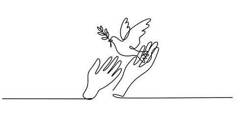 Continuous line drawing of two hands releasing a dove carrying an olive branch, symbolizing peace, hope, and freedom, on a clean white background. Vector
