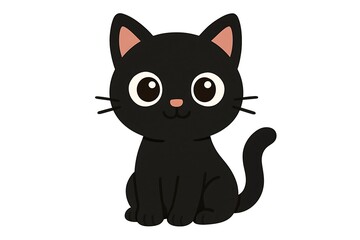 Cute cartoon black cat with big eyes sitting and looking forward