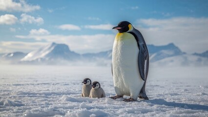 A penguin and its two chicks on snow-covered ice with a mountain range in the background.
