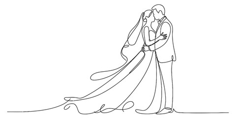 Continuous line drawing of a loving bride and groom sharing a tender kiss, embracing on their wedding day, symbolizing eternal love and commitment Vector