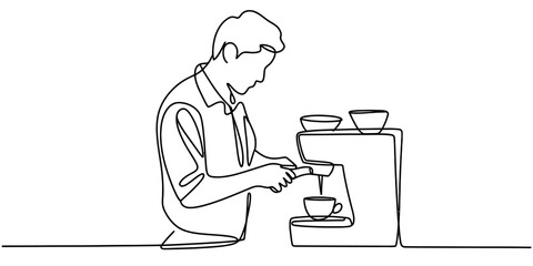 Continuous line drawing of a man preparing rich espresso coffee using a professional machine, pouring into a cup, illustrating skill and morning ritual Vector
