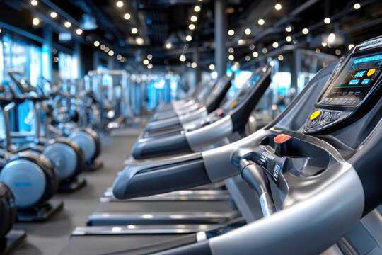 Empty treadmills in a modern gym