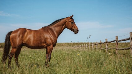 Fototapeta premium A horse standing in a grassy field near a wooden fence under a clear blue sky.