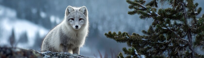 Small white fox observes directly from a rocky ledge in a cold, winter landscape