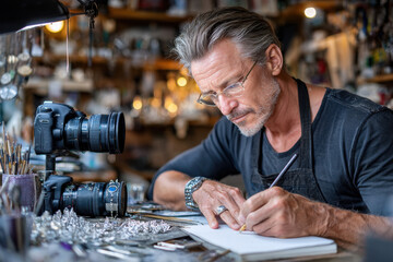 Artisan sketching jewelry design in workshop