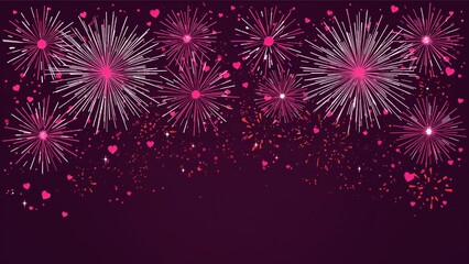 Colorful fireworks with pink hearts against a dark purple background. Celebration, festive, happiness, event. Fireworks and celebration theme.