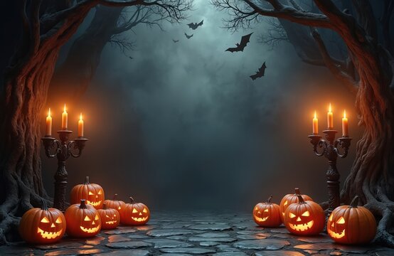 Halloween scene shows carved pumpkins with glowing faces on stone floor. Spooky trees and bats against foggy sky. Candlesticks burning. Eerie background for fall holiday designs and themed posters.