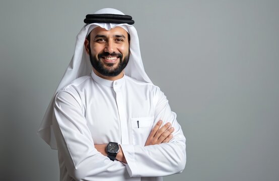 Handsome smiling arabian man stands with crossed arms. Confident middle eastern businessman portrait in traditional emirate clothing. Male with beard poses in studio isolated on grey background with