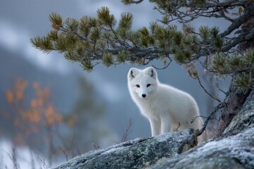 White fox poses among dark tree branches on a rocky, cold landscape