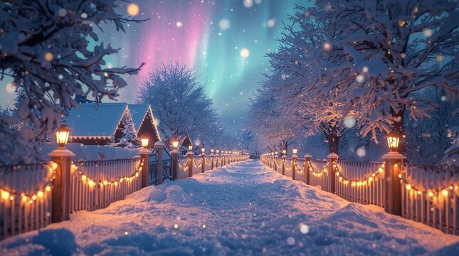 Magical winter village road illuminated by lanterns and Christmas lights under a colorful aurora borealis, snowy landscape, festive atmosphere, peaceful holiday night scenery - Powered by Adobe