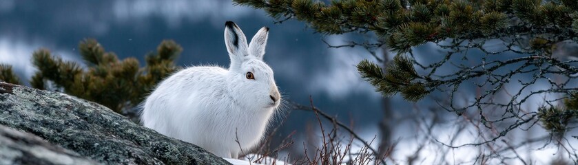 Obraz premium Snowshoe hare displays brilliant white winter camouflage beside a lichen-covered boulder and evergreen branches.