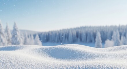 Peaceful Winter Snow Landscape with Forest Hills and Gently Falling Snowflakes