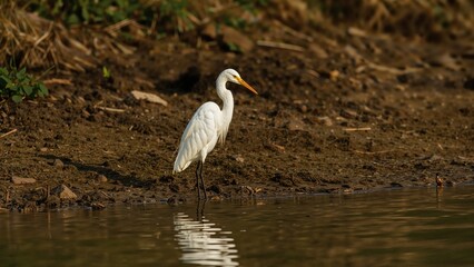 Fototapeta premium A heron standing at the edge of water along a muddy shoreline. Nature and wildlife, bird watching, wetland habitat. The concept of wildlife conservation and natural environments.