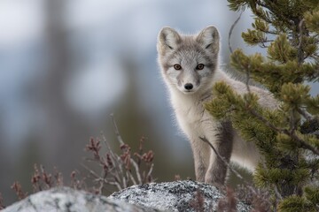 Fototapeta premium Young arctic fox observes surroundings while partially concealed by evergreen foliage.