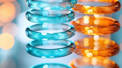 Interference laser rings captured through transparent glass cylinders creating turquoise and orange wavelength patterns with layered three-dimensional optical phenomena bokeh