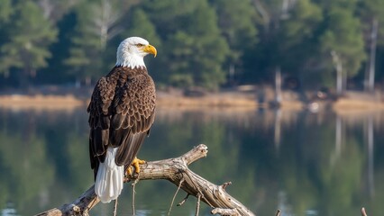 Fototapeta premium Bald eagle perched on a branch near water with a forested background. Wildlife and nature scene. Predatory bird in natural habitat. The image of a bird of prey outdoors.